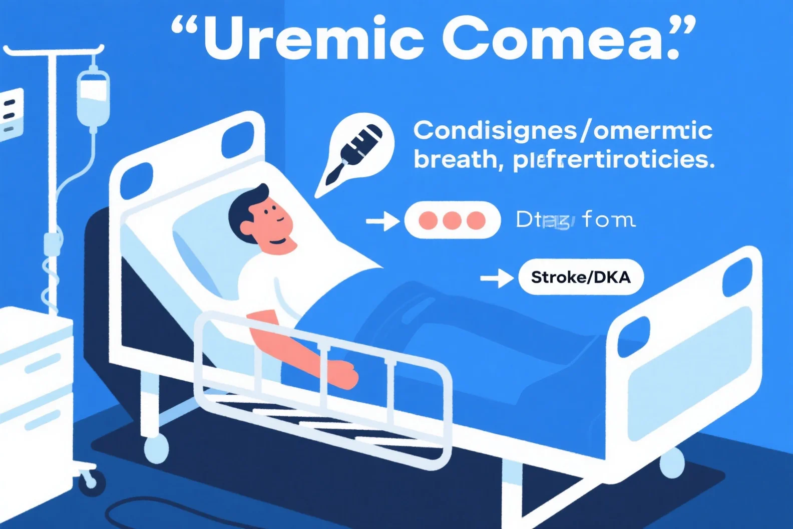 Uremic coma: symptoms like confusion/uremic breath, prevention strategies, and how to distinguish from stroke/DKA.